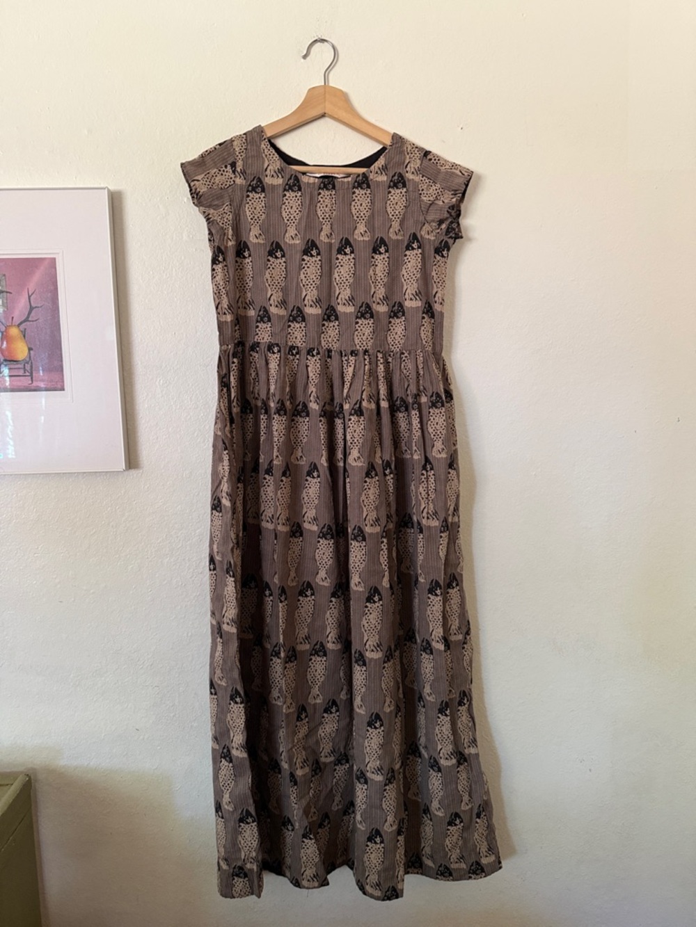 Biba Taupe Fish Printed Cap-Sleeve Maxi Dress Sz 32